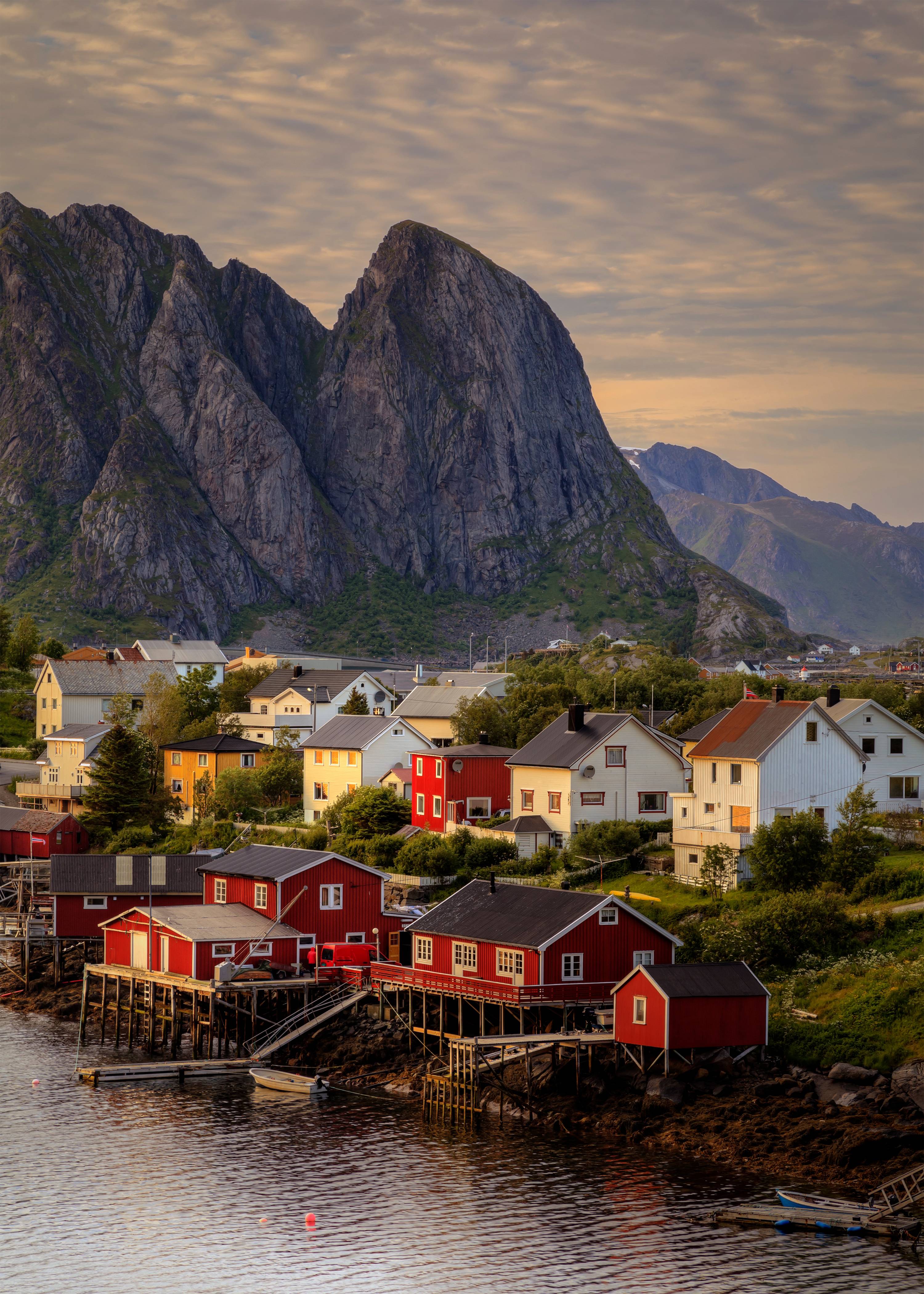 Lofoten mountains and fishing villages from above
