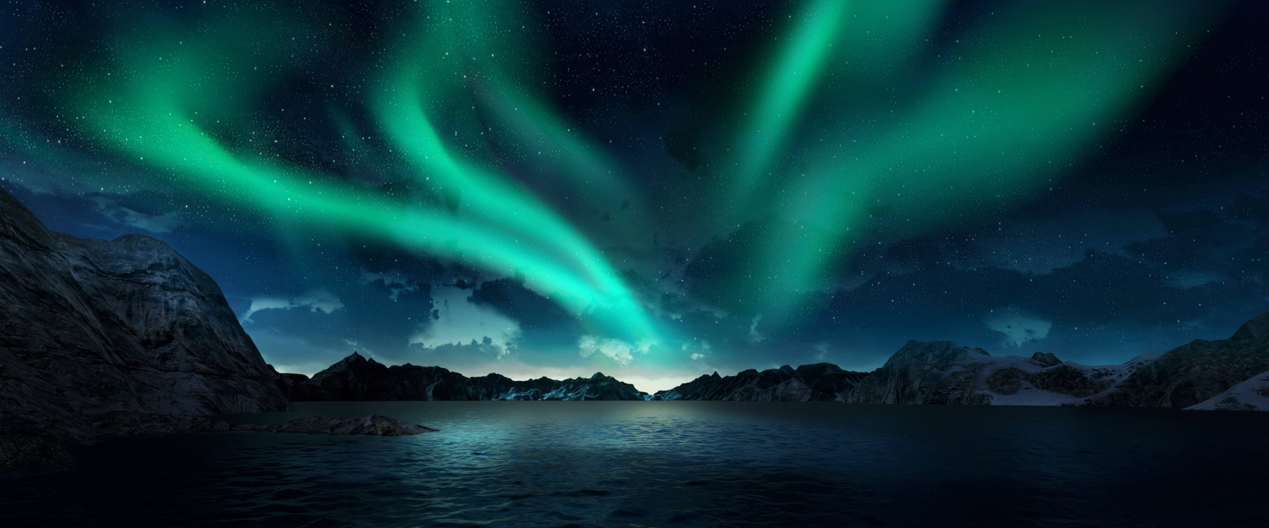 Northern lights over an Arctic fjord